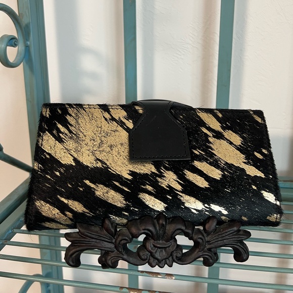 🎁Gold metallic Black Genuine Cowhide Leather Handmade womens Checkbook Wallet - Picture 5 of 10